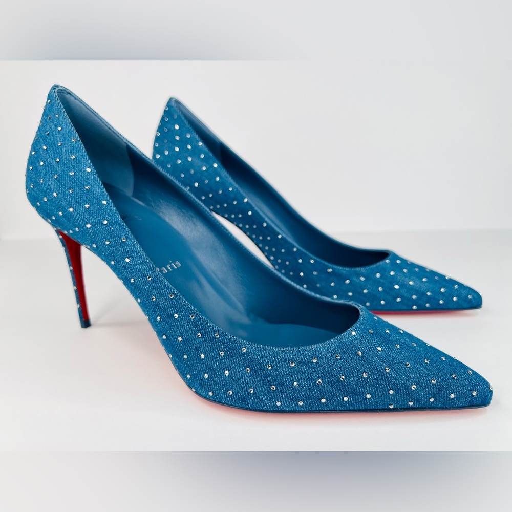 CHRISTIAN LOUBOUTIN Kate Plum Strass 85mm Crystal Blue Denim Pumps Size EU 41.5